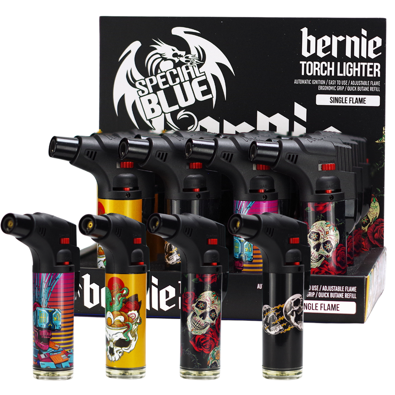 SPECIAL BLUE BERNIE SKULLS & ROSES II TORCH LIGHTER (LT167M) 12CT/DISPLAY