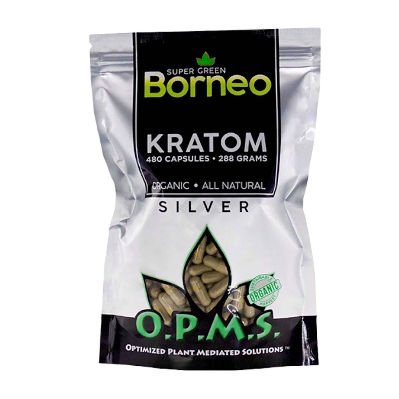 OPMS SILVER KRATOM 480CT CAPSULES SUPER GREEN BORNEO 650075994379