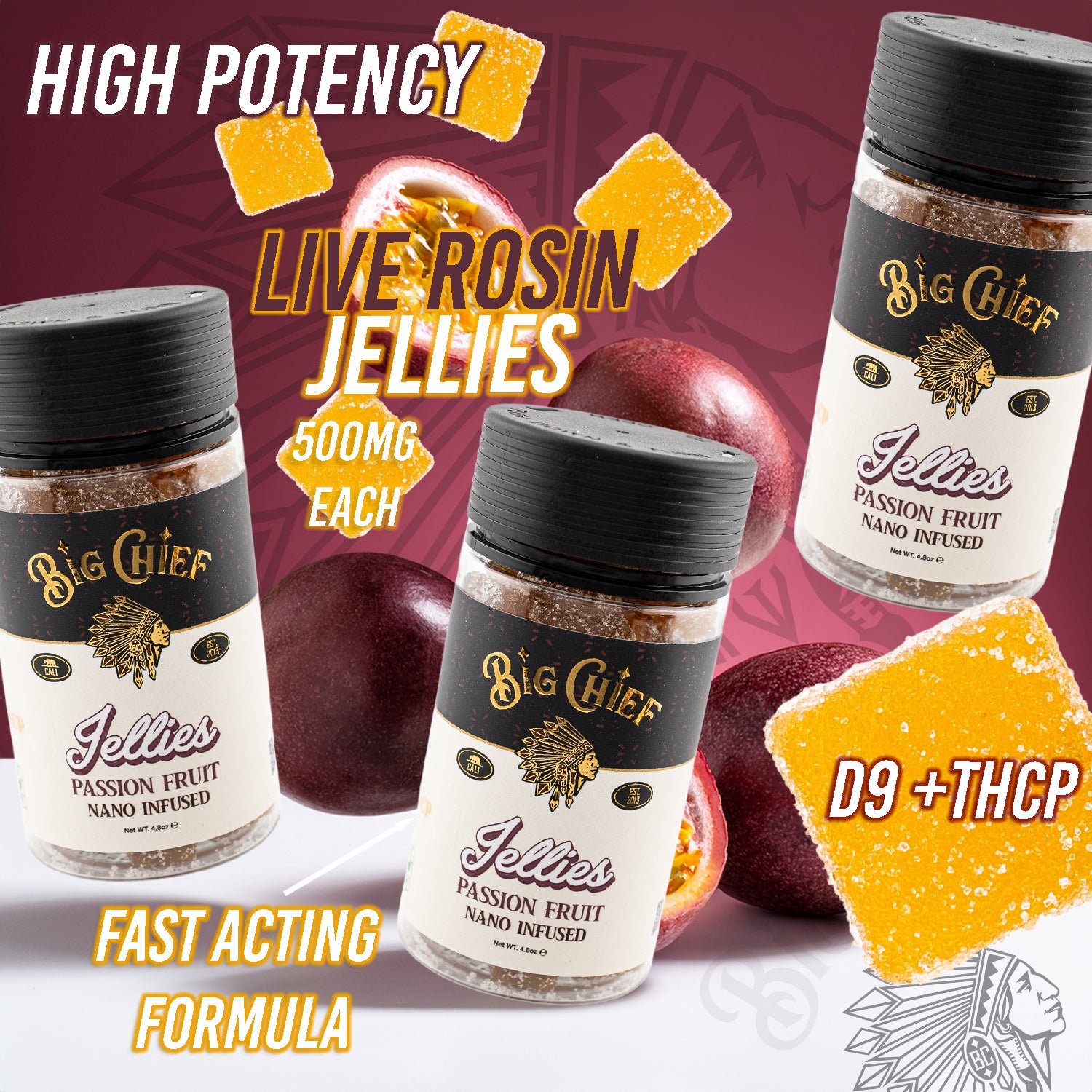BIG CHIEF JELLIES LIVE ROSIN NANO INFUSED D9 | THC-P 500MG PER GUMMY (30PC JAR)