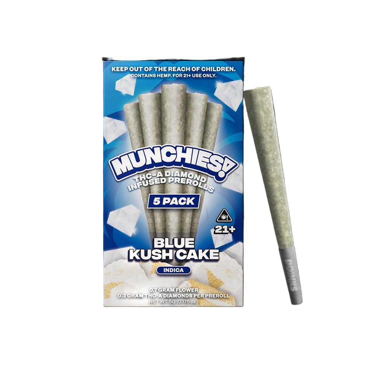 DELTA MUNCHIES THC-A DIAMOND INFUSED PRE ROLLS (5CT/PK) 1G BLUE KUSH CAKE (INDICA) 437561782852