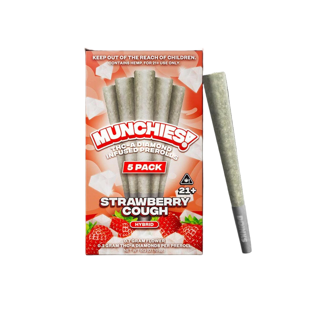 DELTA MUNCHIES THC-A DIAMOND INFUSED PRE ROLLS (5CT/PK) 1G STRAWBERRY COUGH (HYBRID) 437561782333
