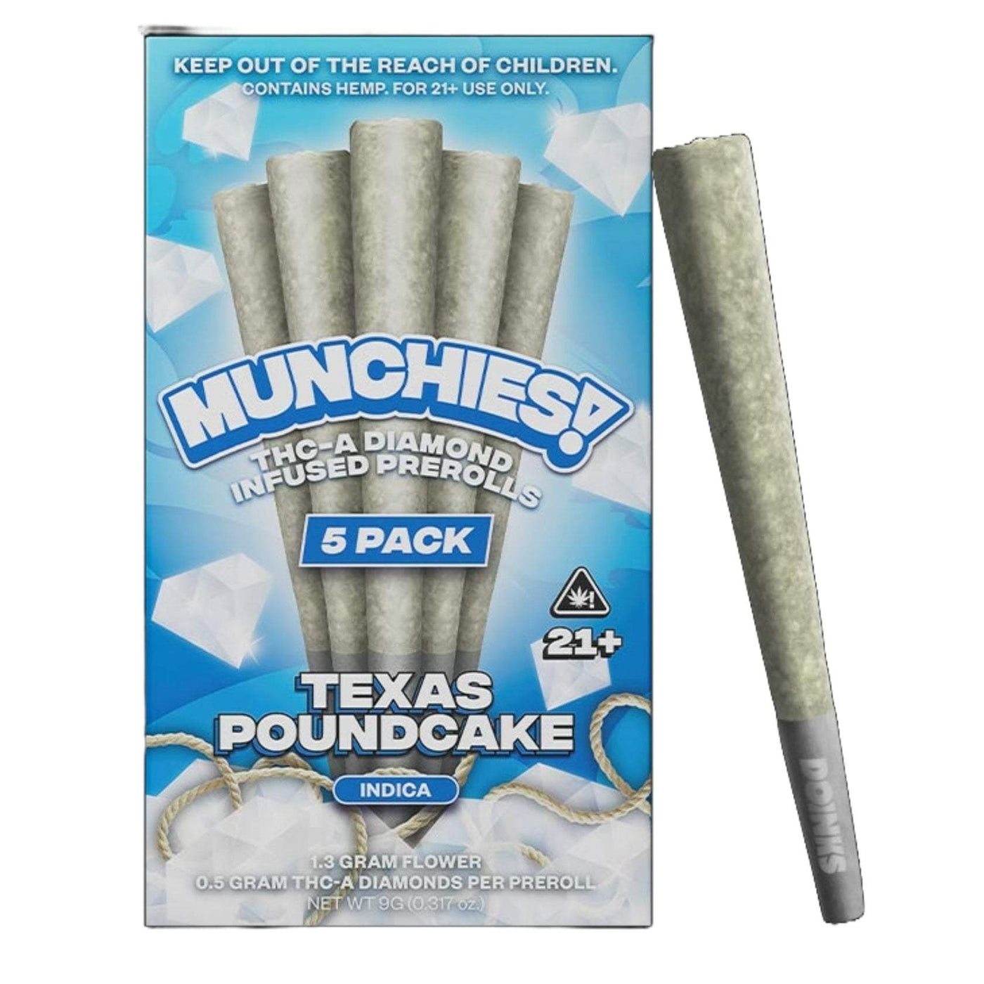 DELTA MUNCHIES THC-A DIAMOND INFUSED PRE ROLLS (5CT/PK) 1G TEXAS POUNDCAKE (INDICA) 437561782968