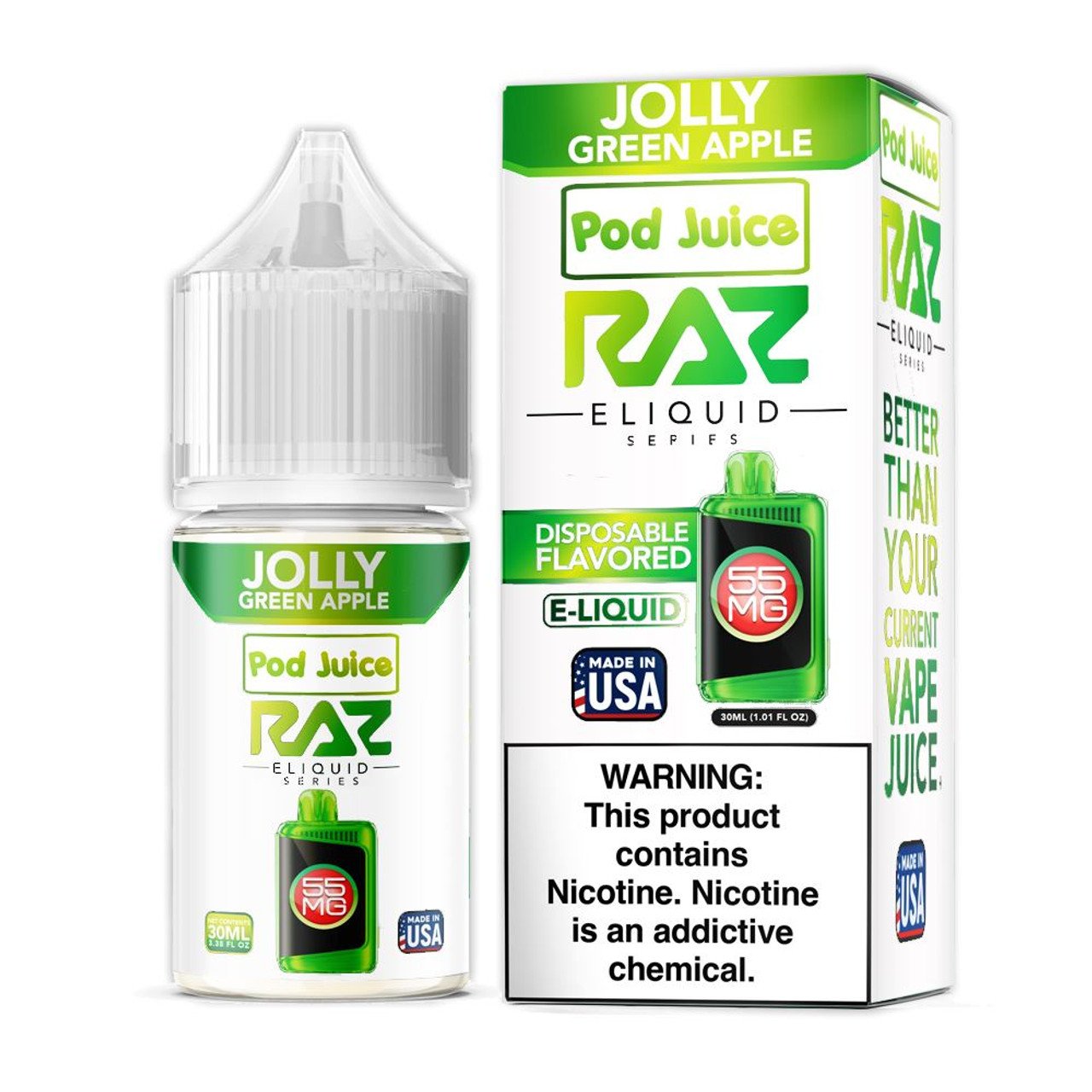 POD JUICE RAZ SALT NIC 30MLL JOLLY GREEN APPLE 55MG 818553530079