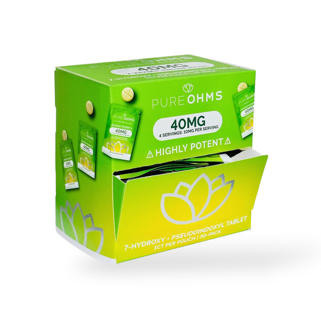 PURE OHMS 7 HYDROXYMITRAGYNINE + PSEUDOINDOXYL 40MG TABLETS (1CT/PACK, 30PKS/BOX) | GREEN