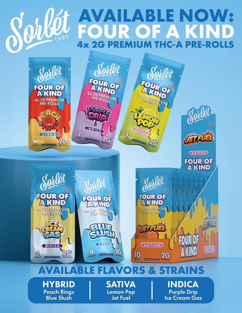 SORBET LABS FOUR OF A KIND 4 X 2G EACH PREMIUM PRE-ROLLS (10PK / DISPLAY)