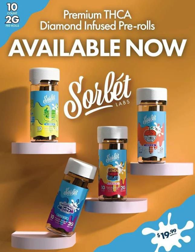 SORBET LABS PREMIUM DIAMOND INFUSED PRE-ROLLS 2G EACH (10CT JAR)