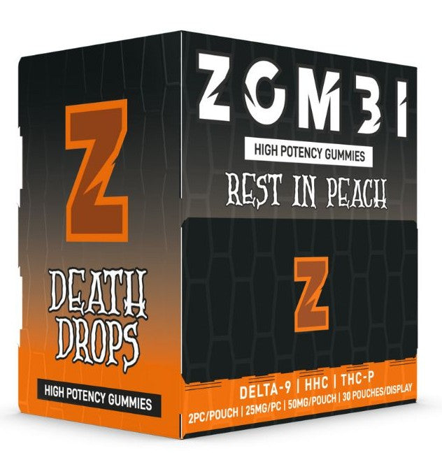 ZOMBI HIGH POTENCY DEATH DROPS (D9 | HHC | THC-P) 25MG/PC GUMMY (2CT PACK) 25CT DISPLAY