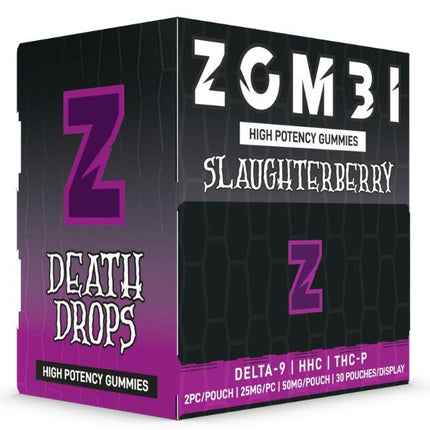 ZOMBI HIGH POTENCY DEATH DROPS (D9 | HHC | THC-P) 25MG/PC GUMMY (2CT PACK) 25CT DISPLAY
