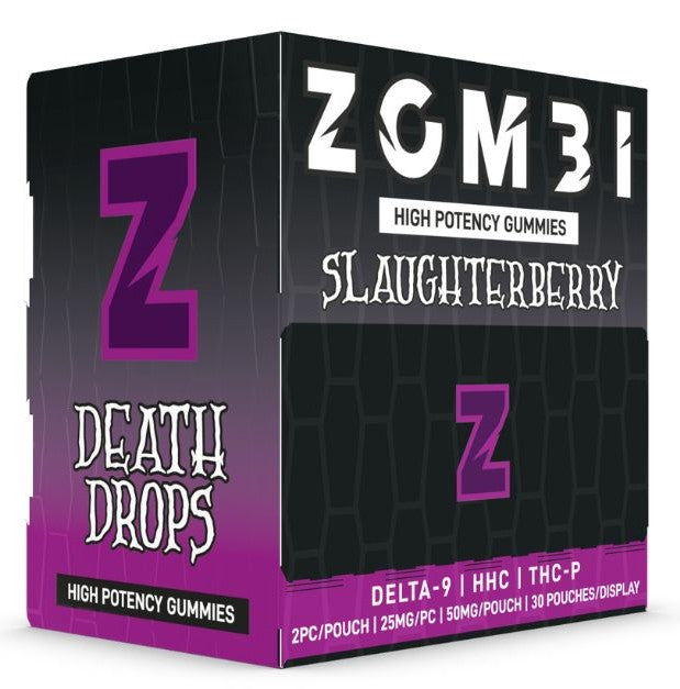 ZOMBI HIGH POTENCY DEATH DROPS (D9 | HHC | THC-P) 25MG/PC GUMMY (2CT PACK) 25CT DISPLAY