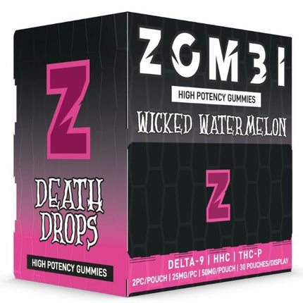 ZOMBI HIGH POTENCY DEATH DROPS (D9 | HHC | THC-P) 25MG/PC GUMMY (2CT PACK) 25CT DISPLAY