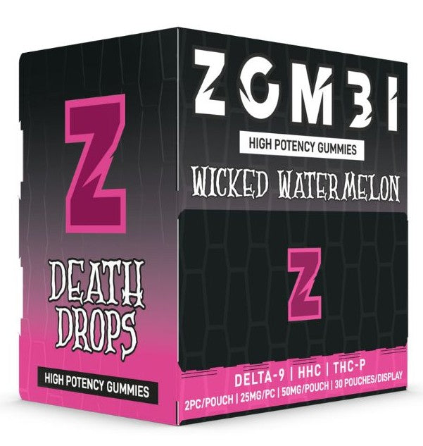ZOMBI HIGH POTENCY DEATH DROPS (D9 | HHC | THC-P) 25MG/PC GUMMY (2CT PACK) 25CT DISPLAY