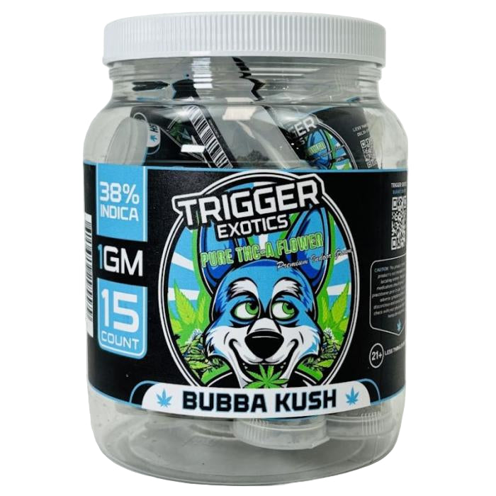 TRIGGER EXOTICS PURE THC-A FLOWER 1 GRAM JAR (15 JAR DISPLAY) BUBBA KUSH (INDICA) 615629295579