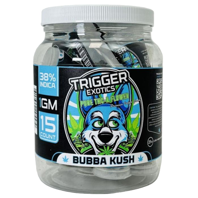 TRIGGER EXOTICS PURE THC-A FLOWER 1 GRAM JAR (15 JAR DISPLAY) BUBBA KUSH (INDICA) 615629295579