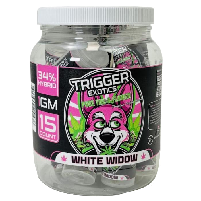 TRIGGER EXOTICS PURE THC-A FLOWER 1 GRAM JAR (15 JAR DISPLAY) WHITE WIDOW (HYBRID) 615629420438