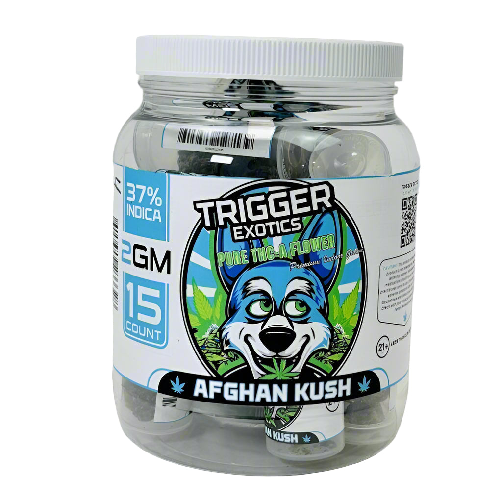 TRIGGER EXOTICS PURE THC-A FLOWER 2 GRAM JAR (15 JAR DISPLAY) AFGHAN KUSH (INDICA) 615629233328