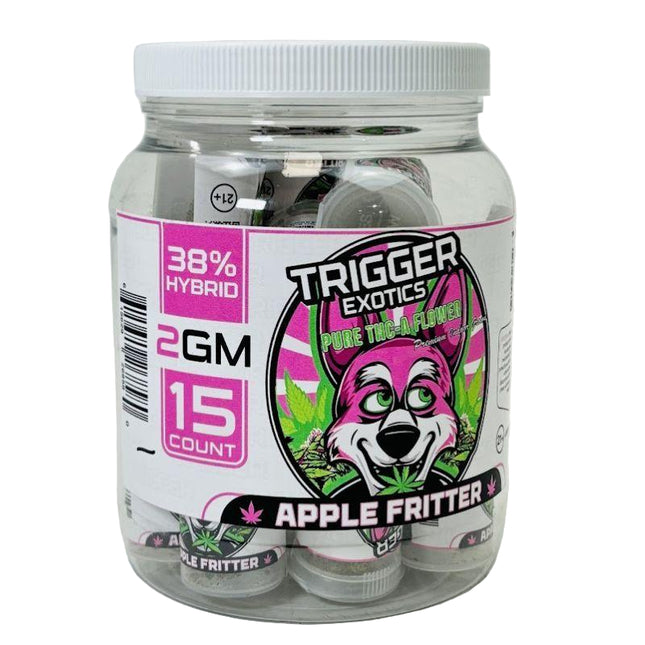TRIGGER EXOTICS PURE THC-A FLOWER 2 GRAM JAR (15 JAR DISPLAY) APPLE FRITTER (HYBRID) 615629268580