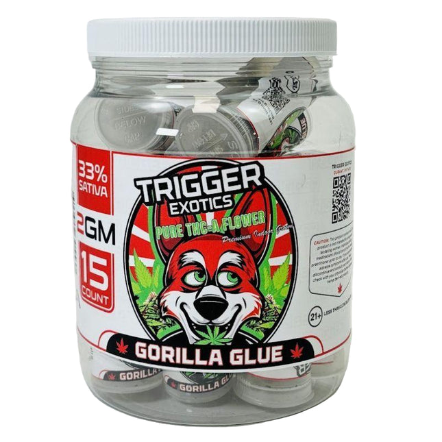 TRIGGER EXOTICS PURE THC-A FLOWER 2 GRAM JAR (15 JAR DISPLAY) GORILLA GLUE (SATIVA) 615629305537