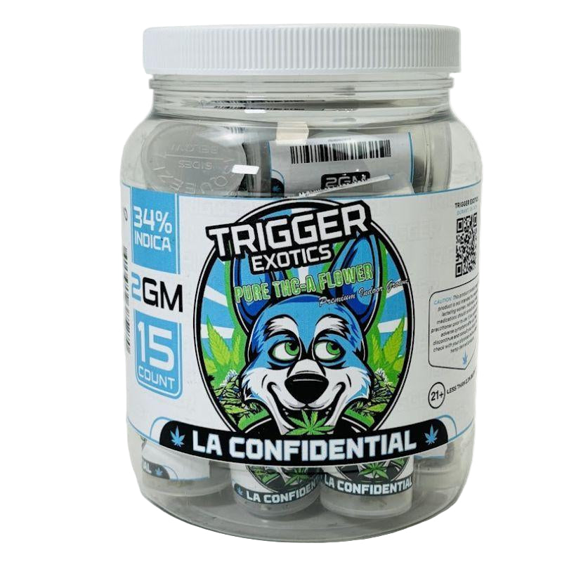 TRIGGER EXOTICS PURE THC-A FLOWER 2 GRAM JAR (15 JAR DISPLAY) LA CONFIDENTIAL (INDICA) 615629385270