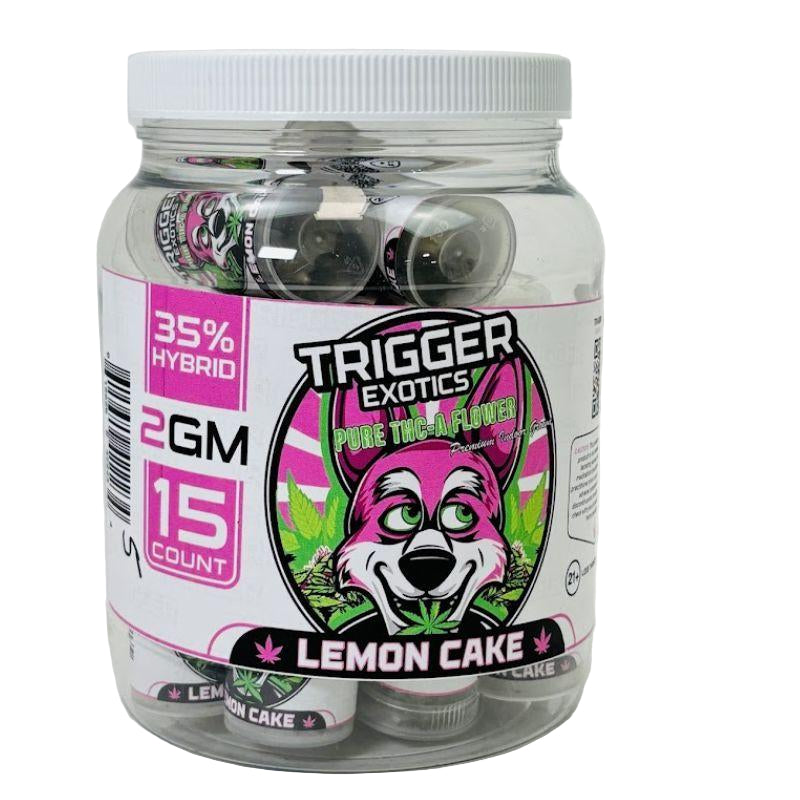 TRIGGER EXOTICS PURE THC-A FLOWER 2 GRAM JAR (15 JAR DISPLAY) LEMON CAKE (HYBRID) 615629422234