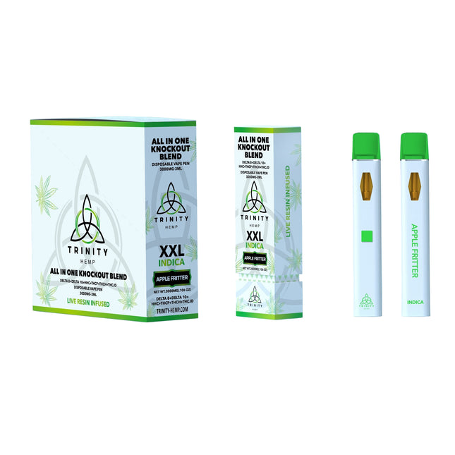TRINITY HEMP KNOCKOUT BLEND 3ML (D8 + D10 + HHC + THCP + THCJD) DISPOSABLE APPLE FRITTER (INDICA) 810092745624