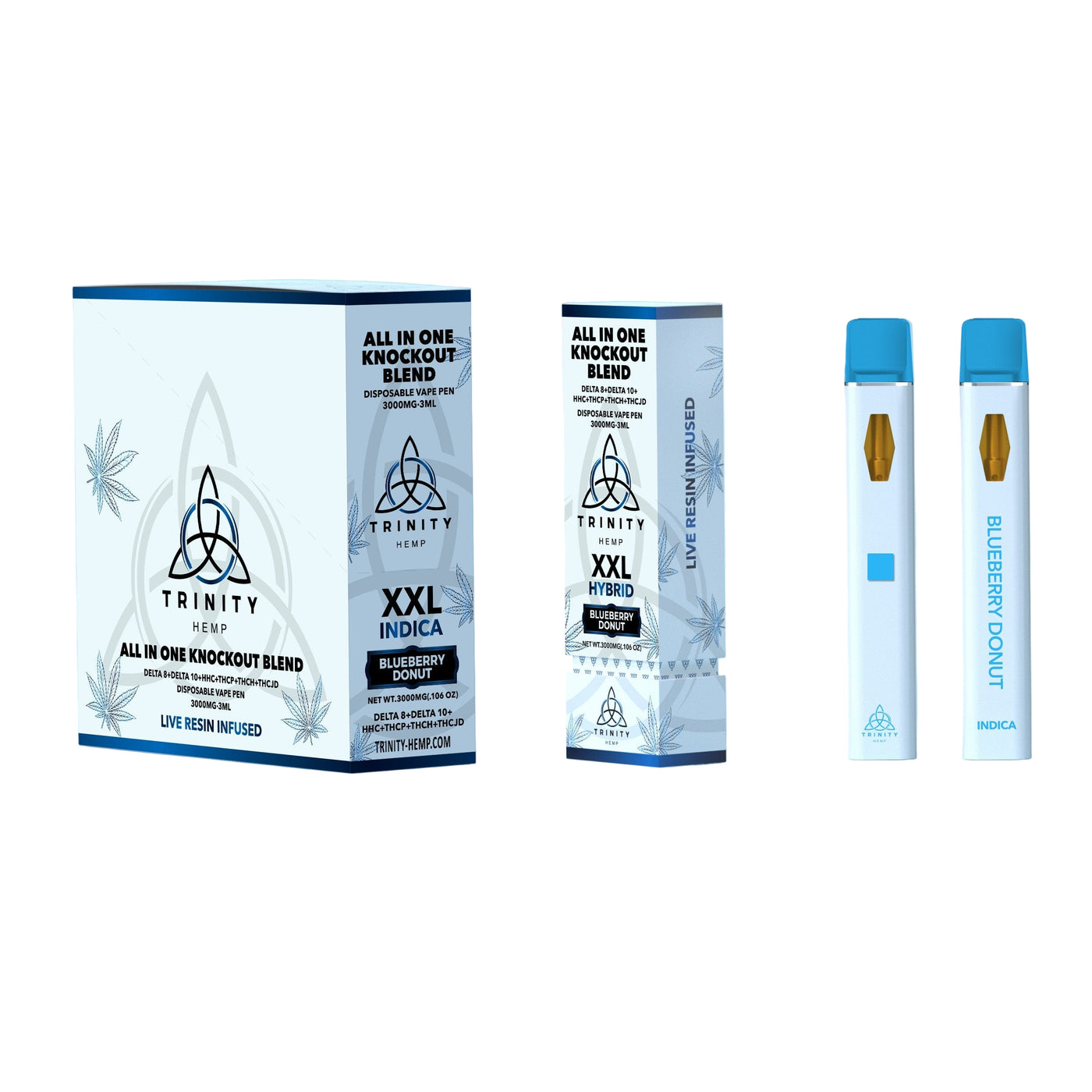 TRINITY HEMP KNOCKOUT BLEND 3ML (D8 + D10 + HHC + THCP + THCJD) DISPOSABLE BLUEBERRY DONUT (INDICA) 810092745587