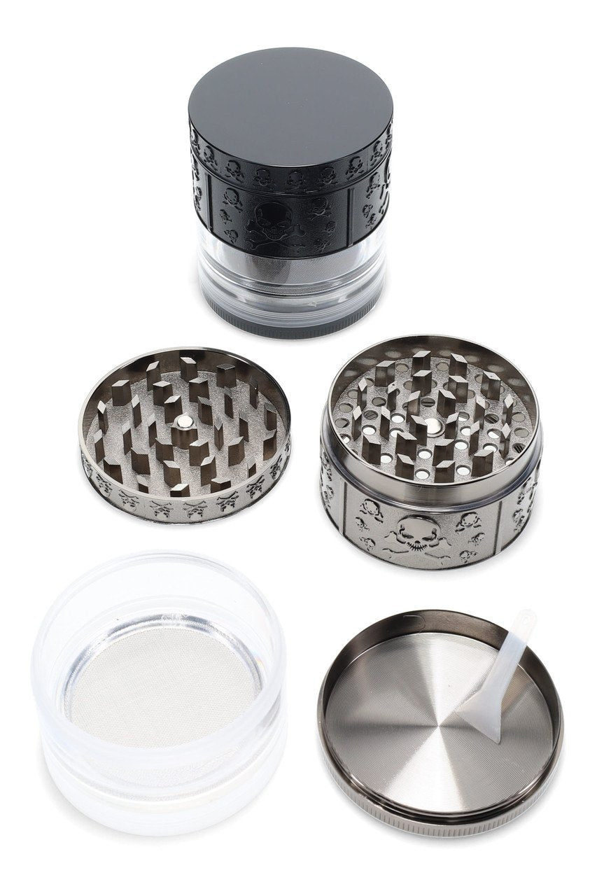 SKULL SIDE W/ WINDOW DESIGN MANUAL METAL GRINDER 52 X 60MM 4 PARTS ASSORTED COLOR (CGD191-ZT)