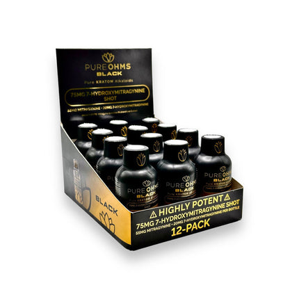 PURE OHMS BLACK 75MG 7-HYDROXYMITRAGYNINE SHOT (12CT BOX)