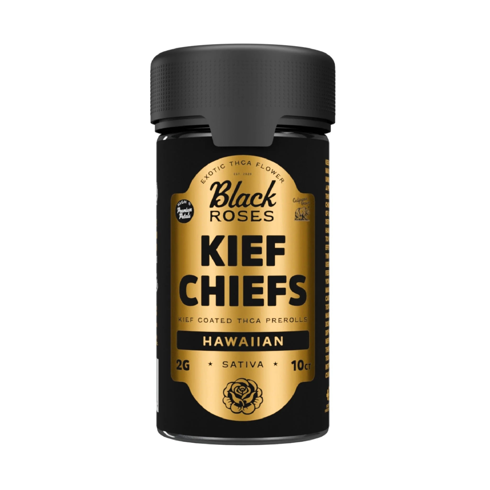 BLACK ROSES KIEF COATED THCA PREROLLS 2 GRAM EACH (10CT JAR)