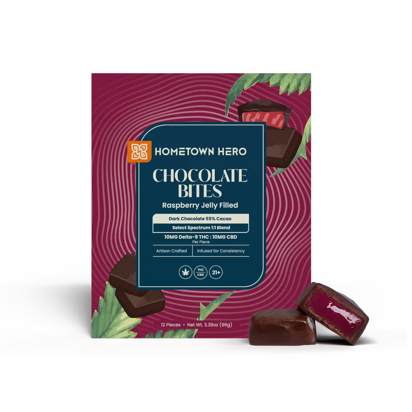 HOMETOWN HERO 20MG D9 CHOCOLATE BITES (12CT BOX) | RASPBERRY JELLY FILLED