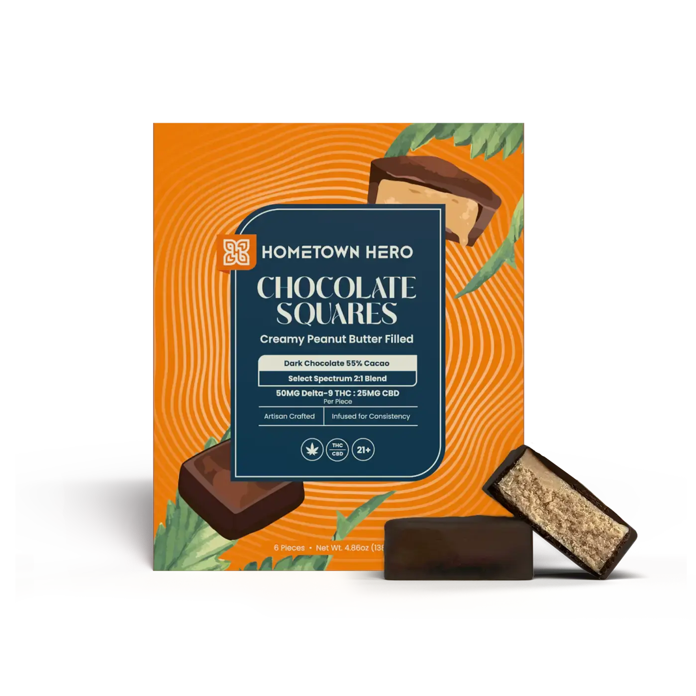 HOMETOWN HERO 50MG D9 25MG CBD CHOCOLATE SQUARES (6CT BOX) | CREAMY PEANUT BUTTER