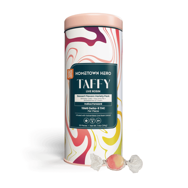 HOMETOWN HERO 15MG D9 LIVE ROSIN TAFFY (30CT/JAR)