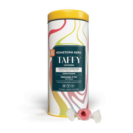 HOMETOWN HERO 15MG D9 LIVE ROSIN TAFFY (30CT/JAR)