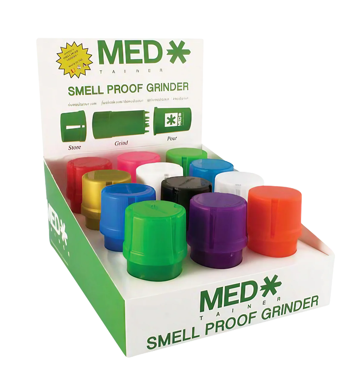 MED TAINER SMELL PROOF GRINDERS (12CT BOX) | ASSORTED COLORS