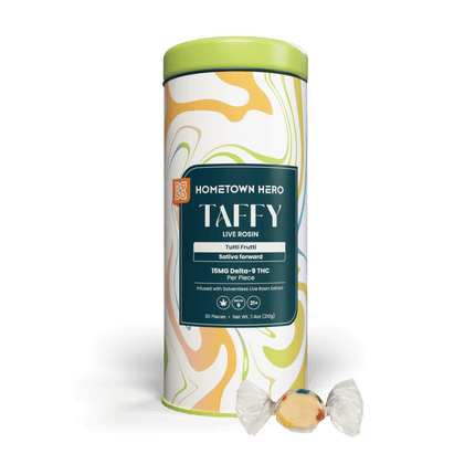 HOMETOWN HERO 15MG D9 LIVE ROSIN TAFFY (30CT/JAR)